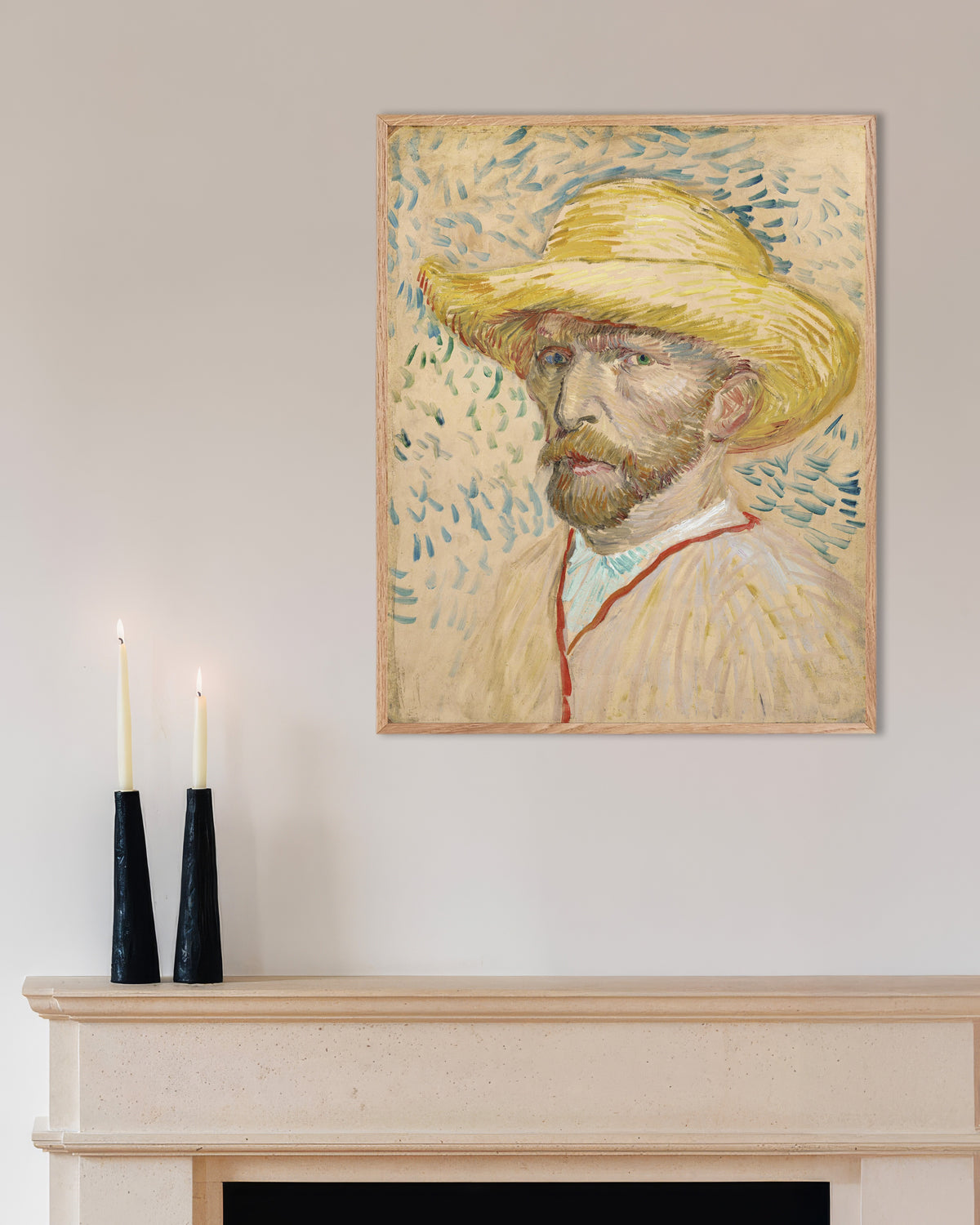 Poster de Autorretrato com Chapéu de Palha e Bata de Pintor (1887), de Vincent van Gogh, com moldura de madeira natural