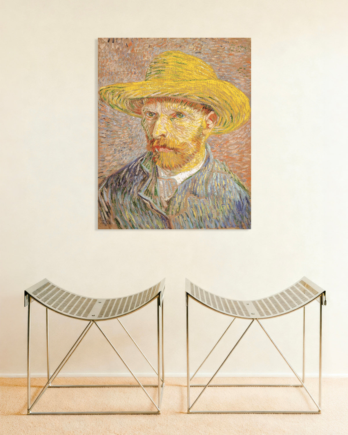 Poster de Autorretrato com chapéu de palha sobre fundo laranja (1887), de Vincent van Gogh
