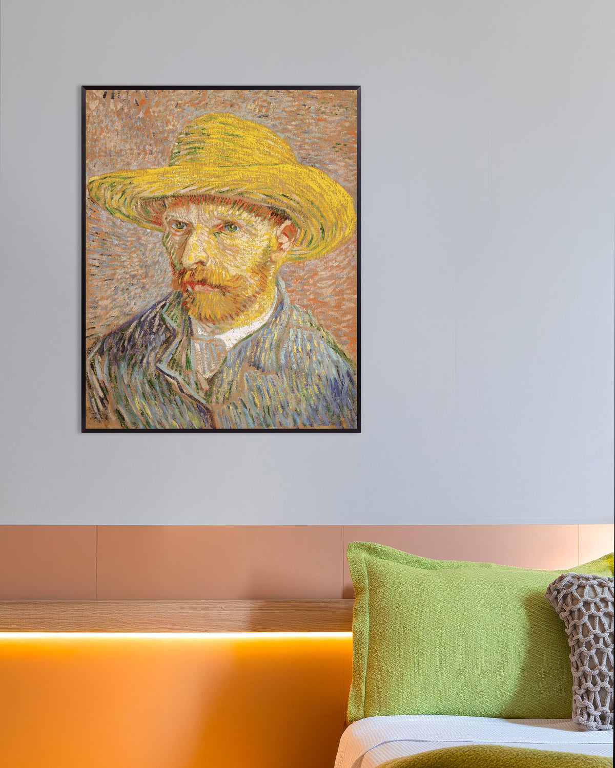 Poster de Autorretrato com chapéu de palha sobre fundo laranja (1887), de Vincent van Gogh, com moldura metálica