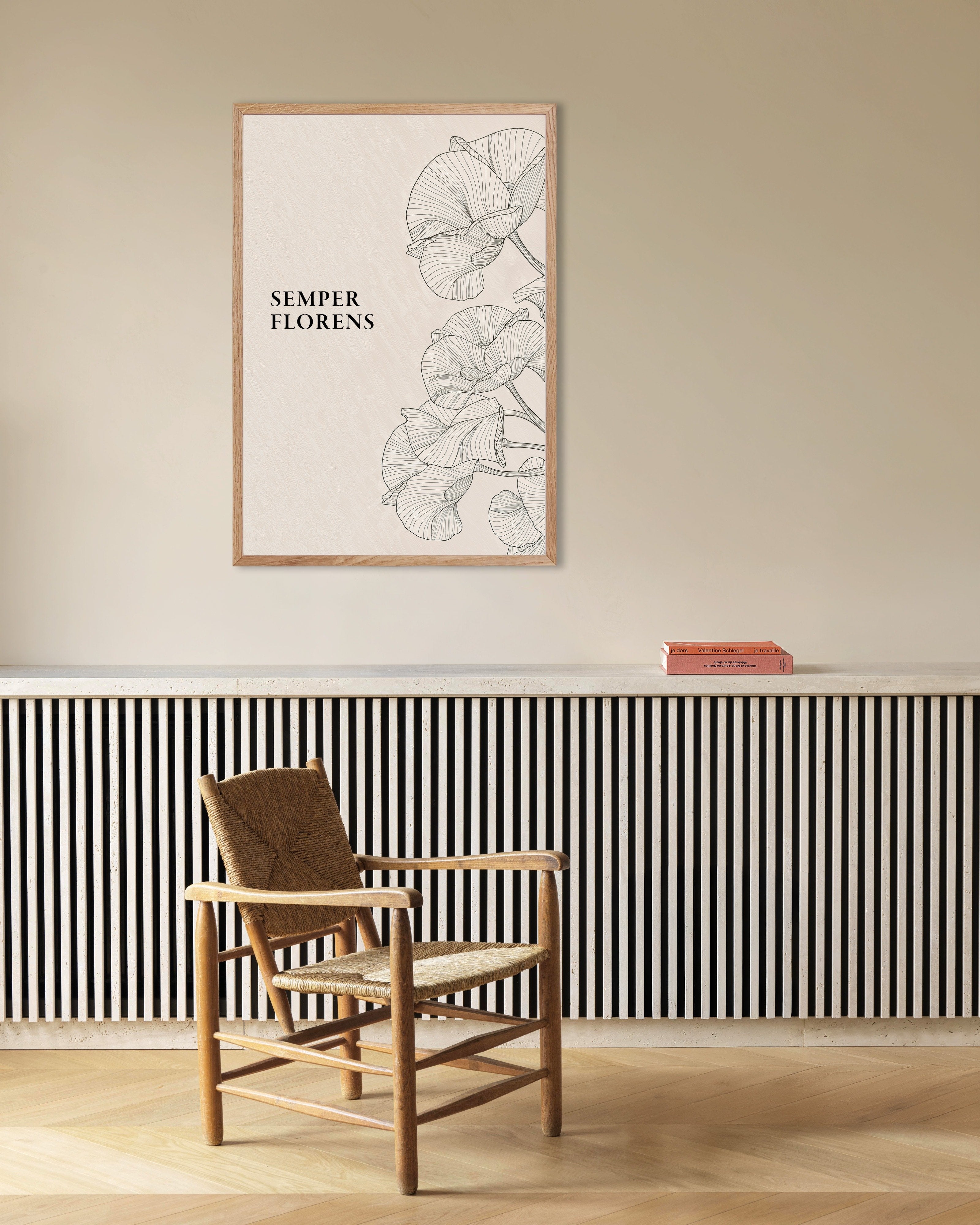 Poster of Semper Florens Botanical Line Art Poster, with natural wooden frame