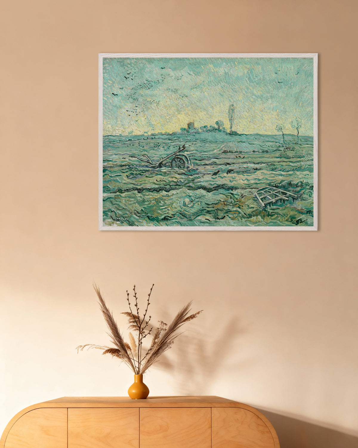 Poster Campo coberto de neve com uma grade, segundo Millet (1890), de Vincent van Gogh, com moldura de madeira branca
