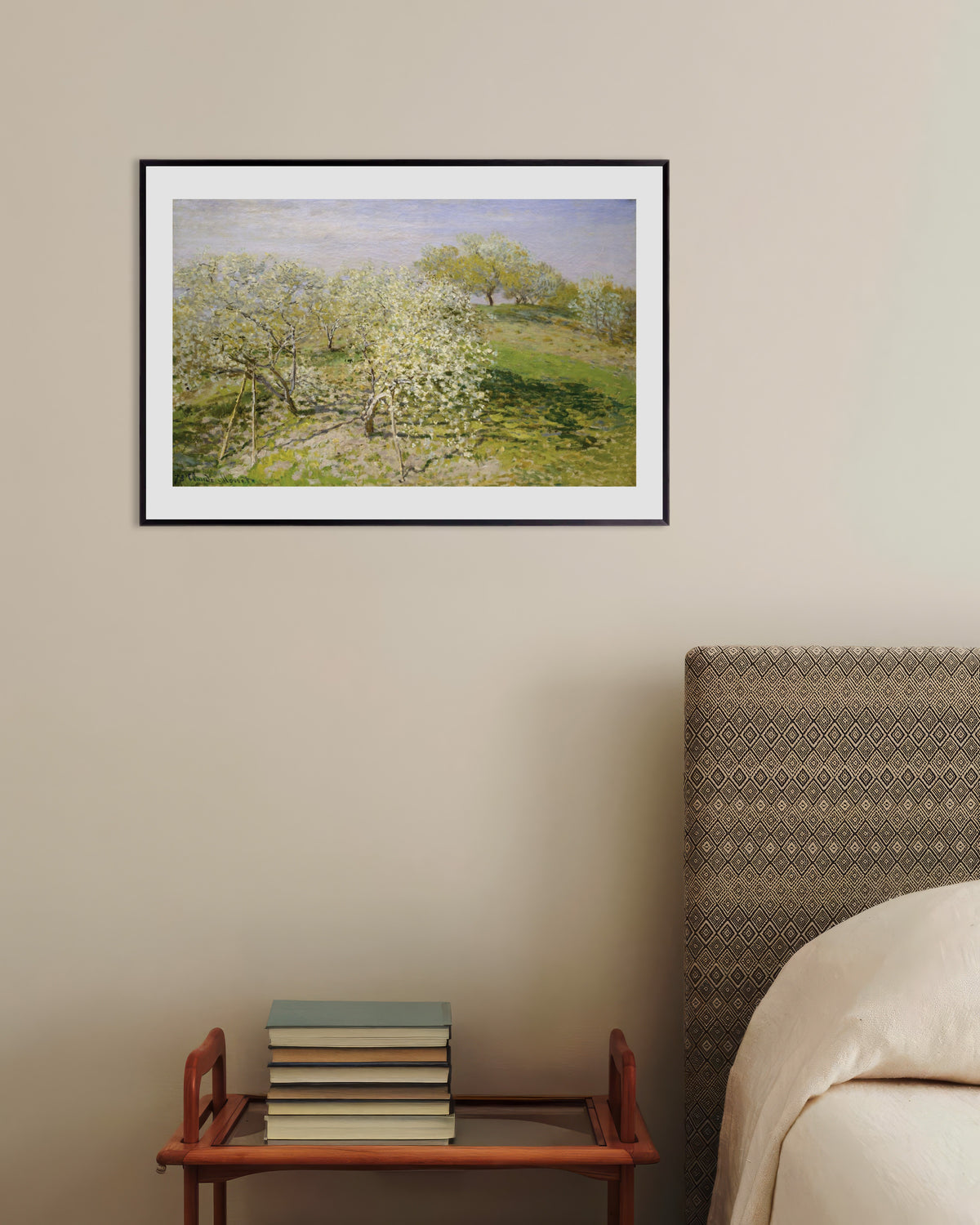 Poster Primavera, Árvores de Fruto em Flor (1873), de Claude Monet, com moldura de metal