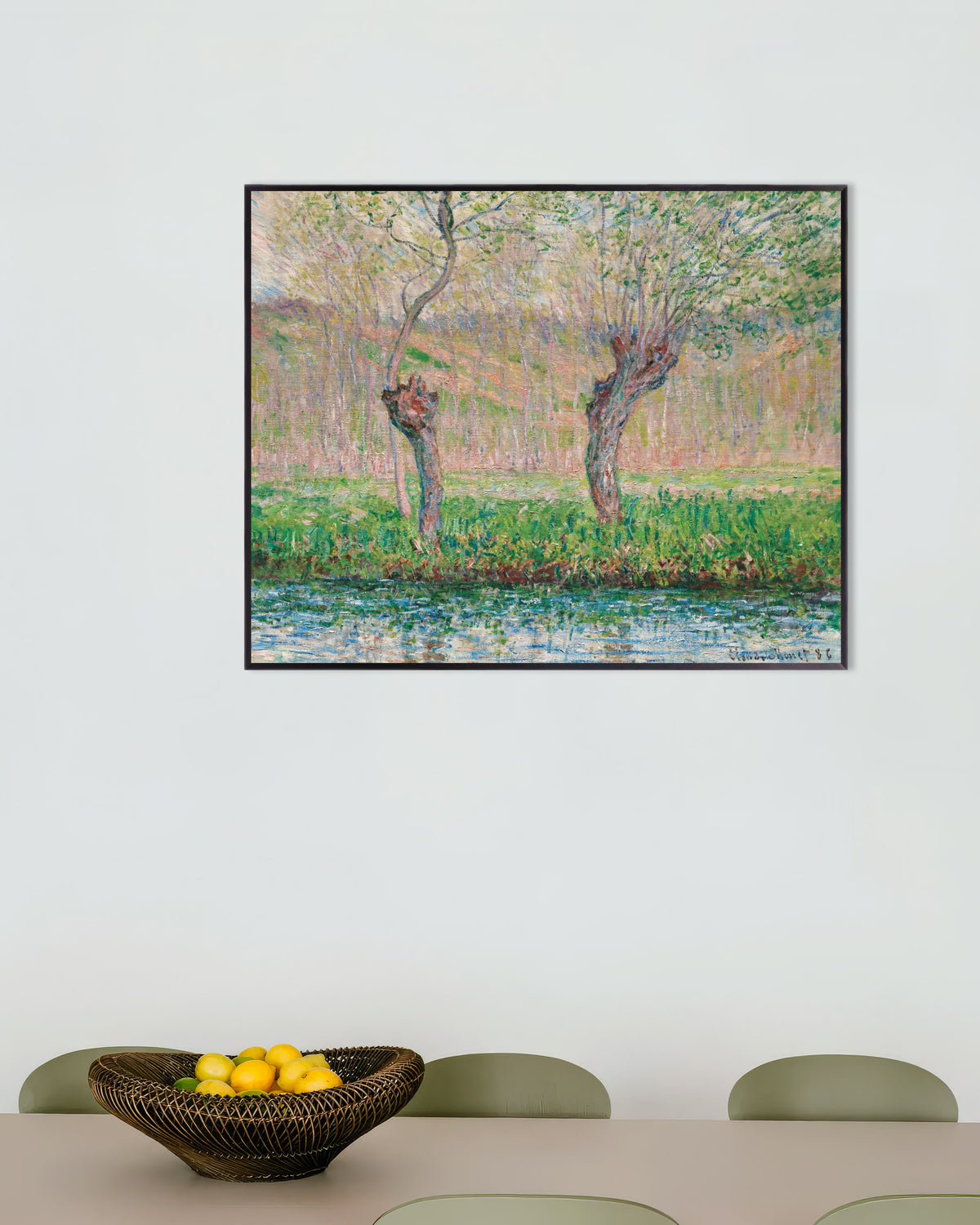 Poster Primavera, Salgueiros (1885), de Claude Monet, com moldura de metal