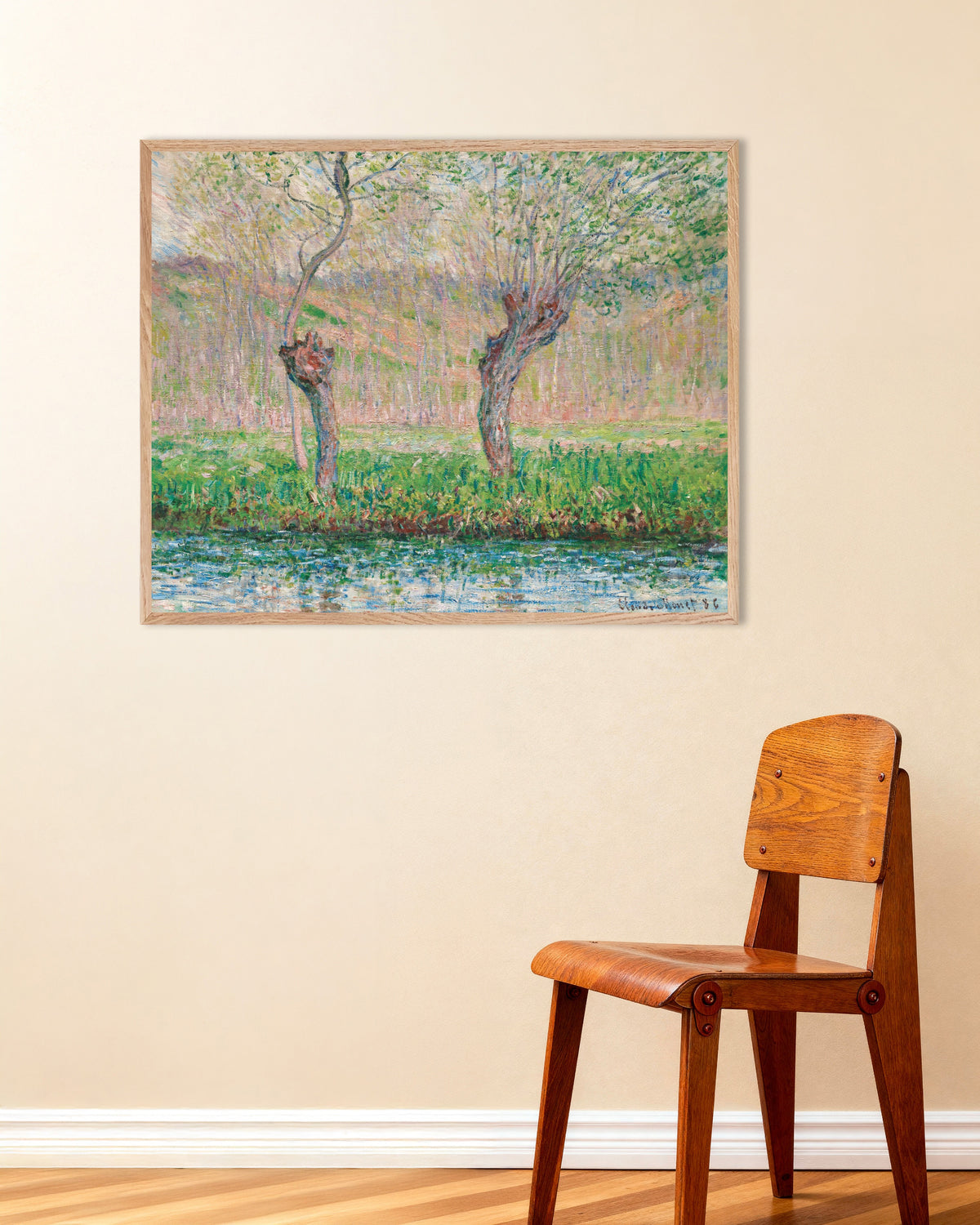 Poster Primavera, Salgueiros (1885), de Claude Monet, com moldura de madeira natural