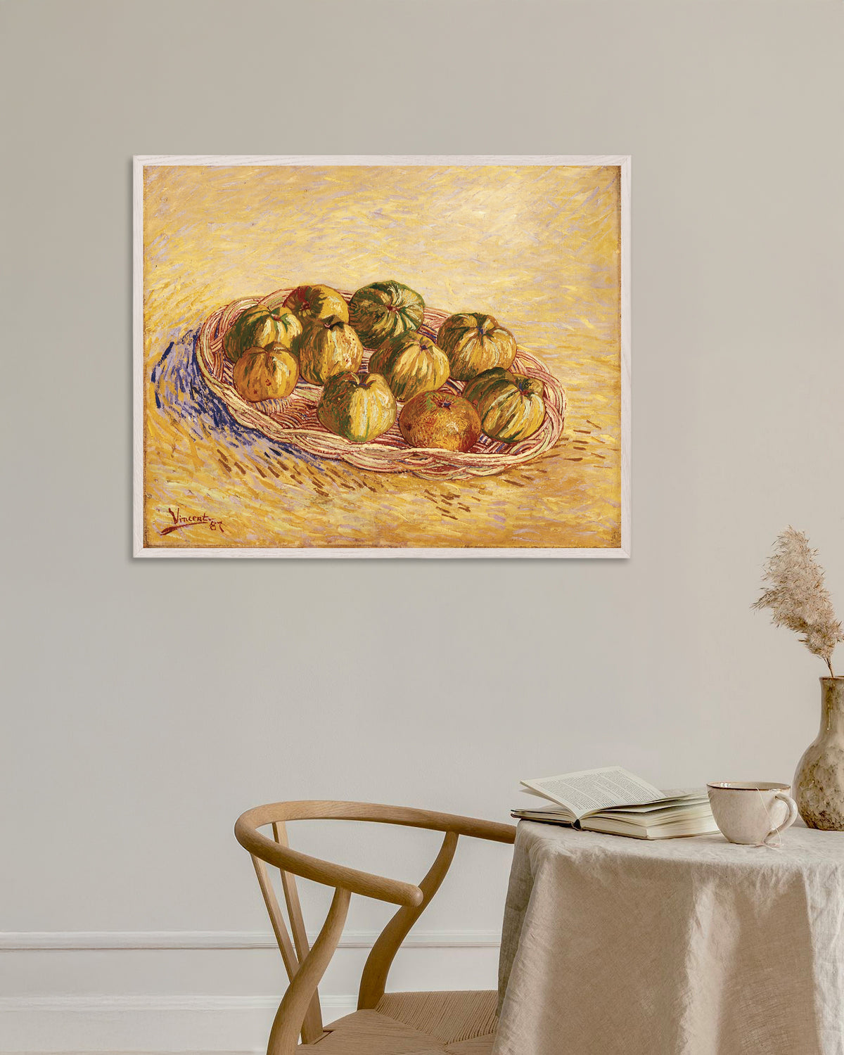 Poster de Natureza-morta com cesto de maçãs (1887), de Vincent van Gogh, com moldura de madeira branca