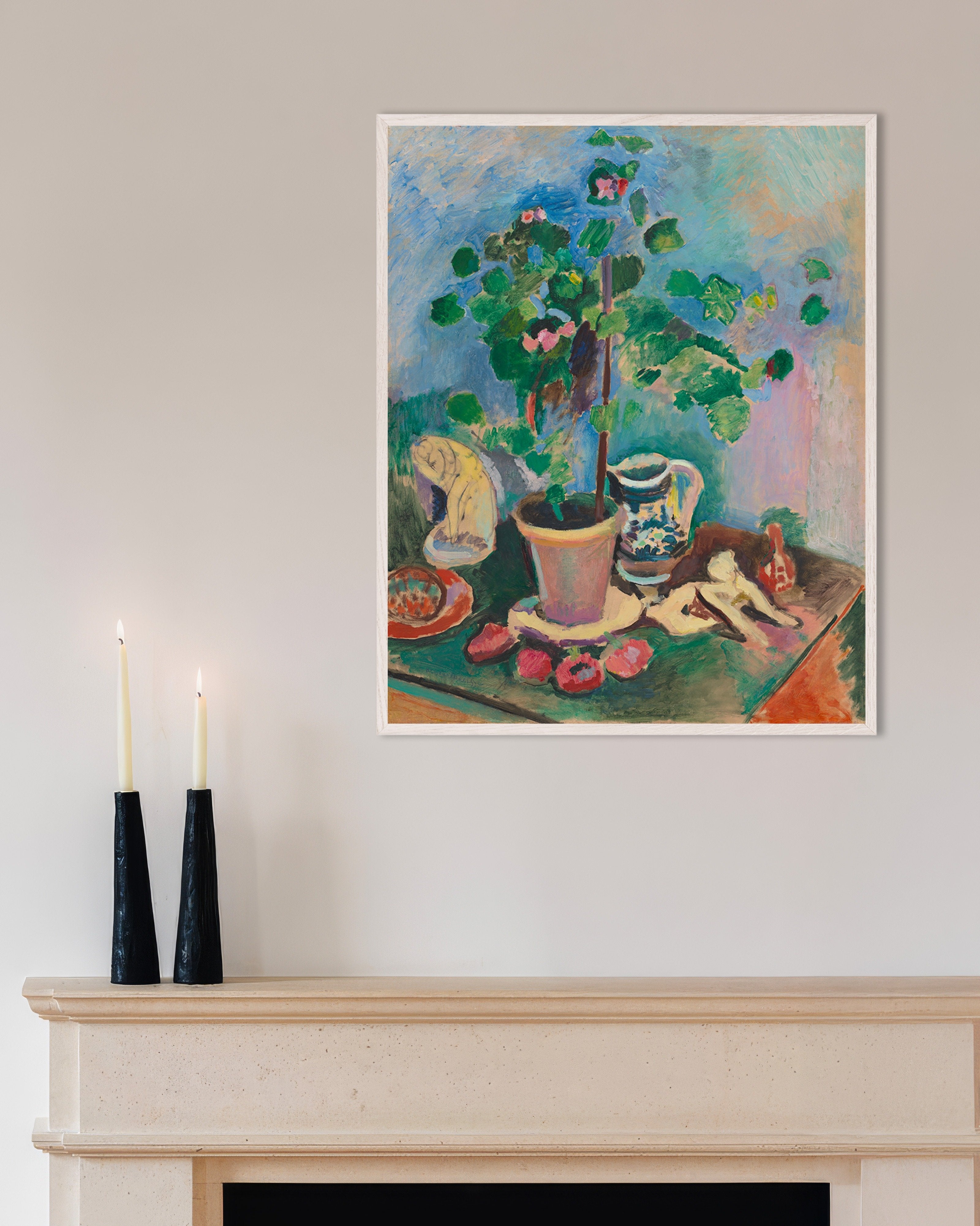 Poster of Still life with geranium (1906) by Henri Matisse, with white wooden frame