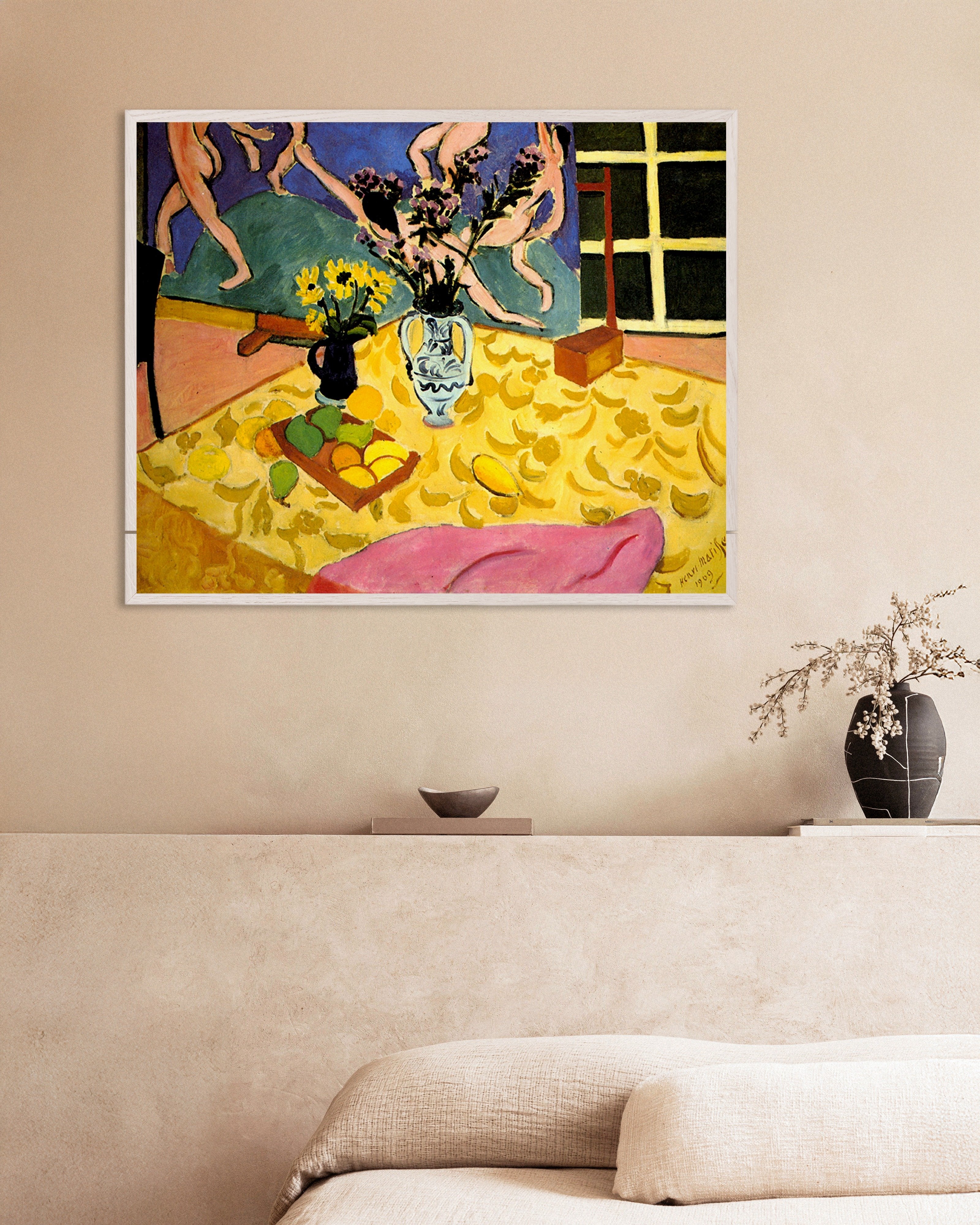 Poster of Still life with 'La Danse' (1909) by Henri Matisse, with white wooden frame