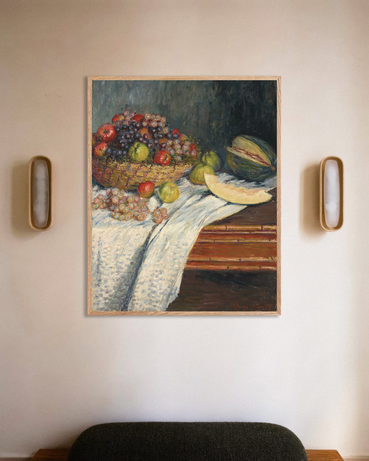 Poster Natureza-Morta com Melão (1879), de Claude Monet, com moldura de madeira natural