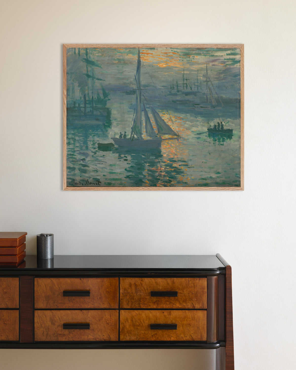 Poster Nascer do Sol, Marinha (1873), de Claude Monet, com moldura de madeira natural