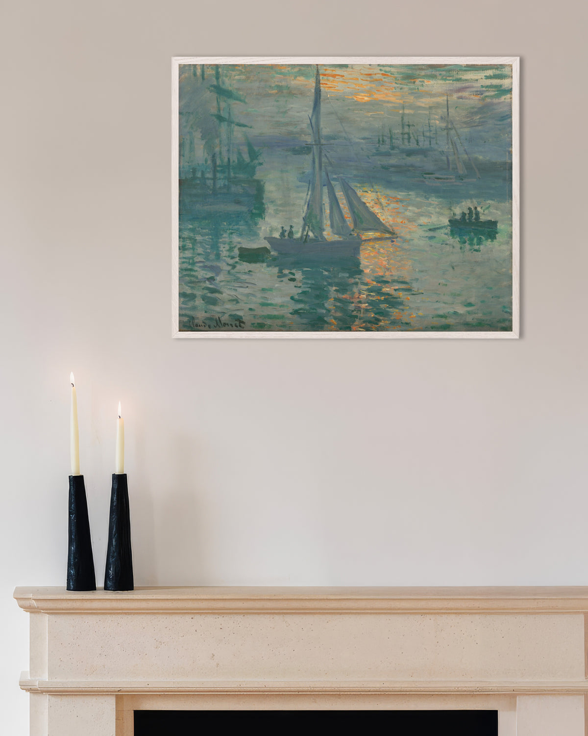 Poster Nascer do Sol, Marinha (1873), de Claude Monet, com moldura de madeira branca