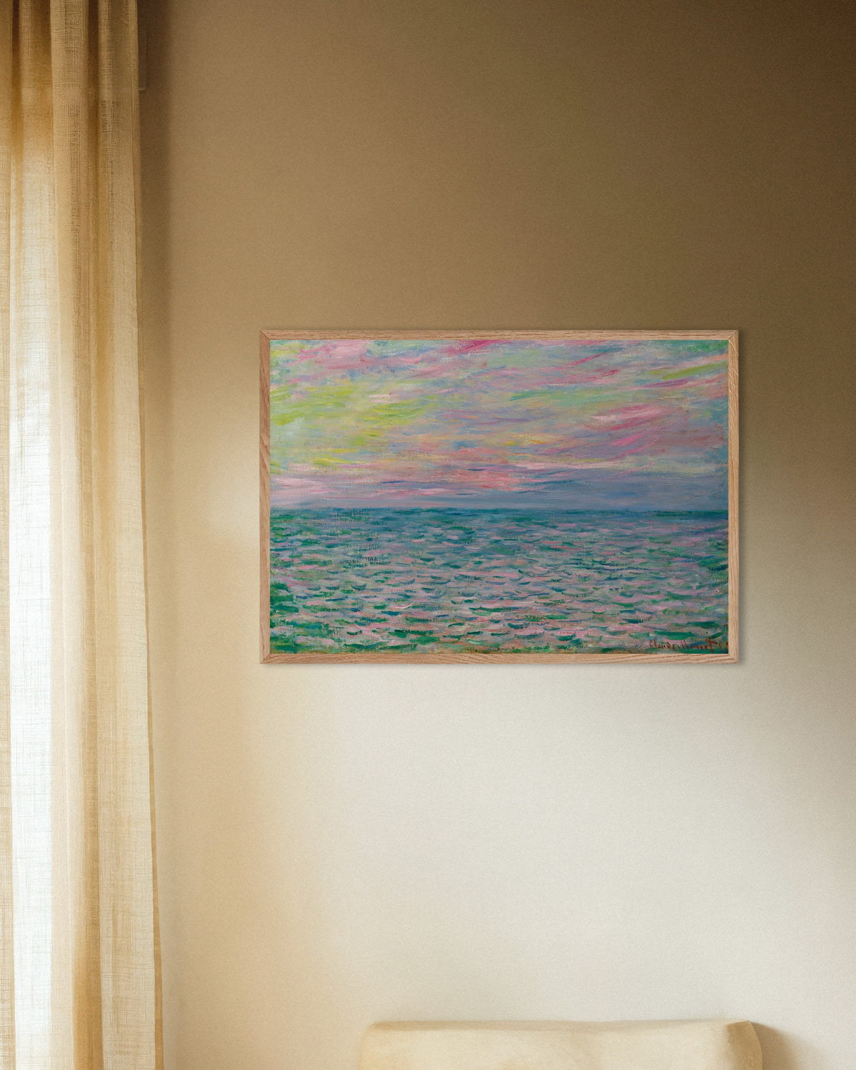 Poster Pôr do Sol em Pourville, Mar Alto (1882), de Claude Monet, com moldura de madeira natural