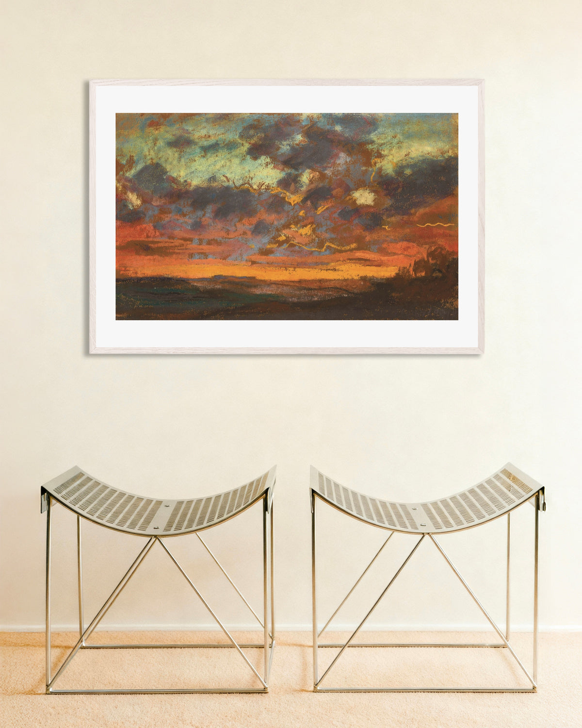 Poster Pôr do Sol (c. 1868), de Claude Monet, com moldura de madeira branca