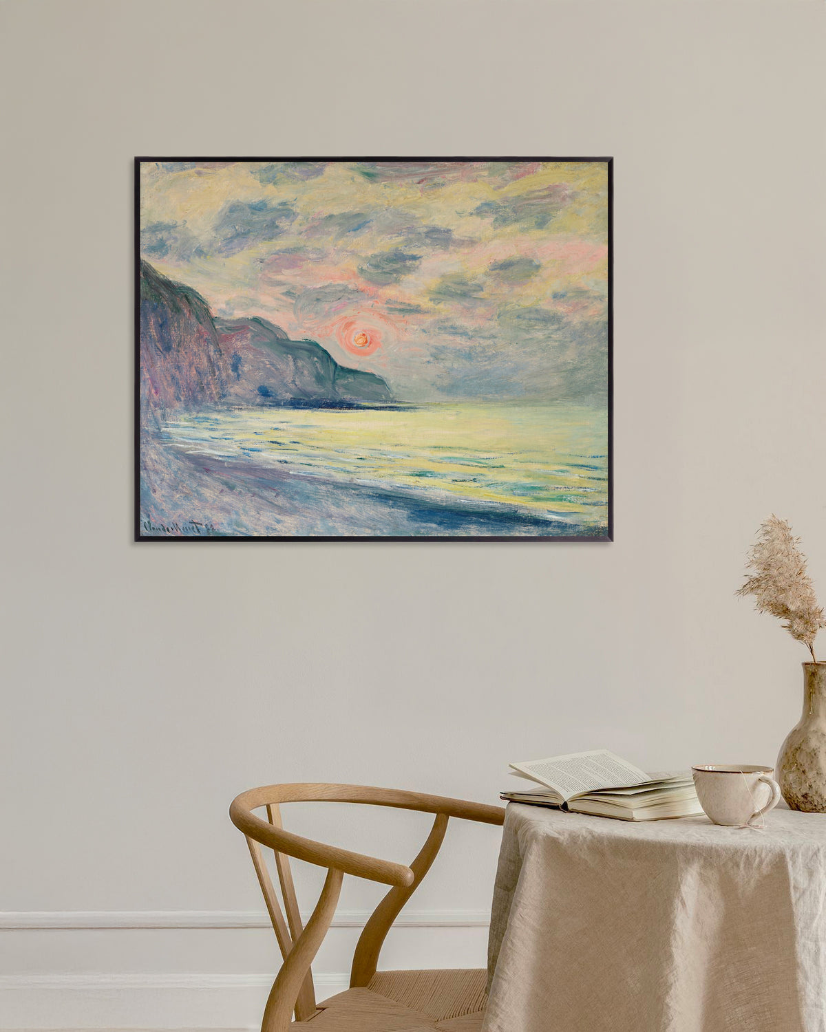 Poster Pôr do Sol, Tempo de Nevoeiro, Pourville (1882), de Claude Monet, com moldura de metal