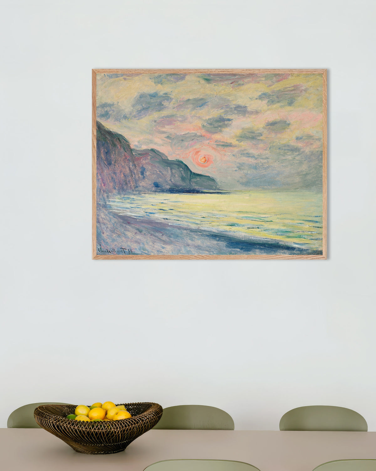 Poster Pôr do Sol, Tempo de Nevoeiro, Pourville (1882), de Claude Monet, com moldura de madeira natural