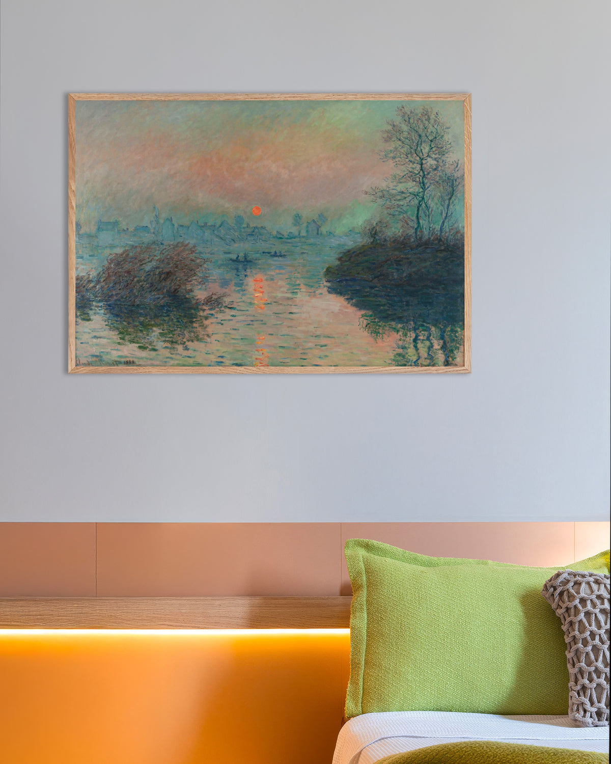 Poster Pôr do Sol no Sena em Lavacourt, Efeito de Inverno (1880), de Claude Monet, com moldura de madeira natural