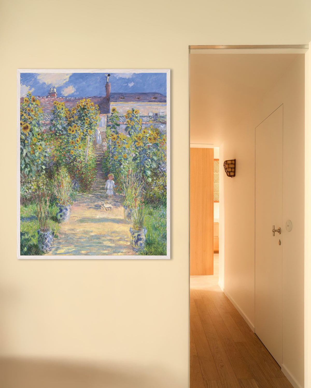 Poster O Jardim do Artista em Vétheuil (1881), de Claude Monet, com moldura de madeira branca