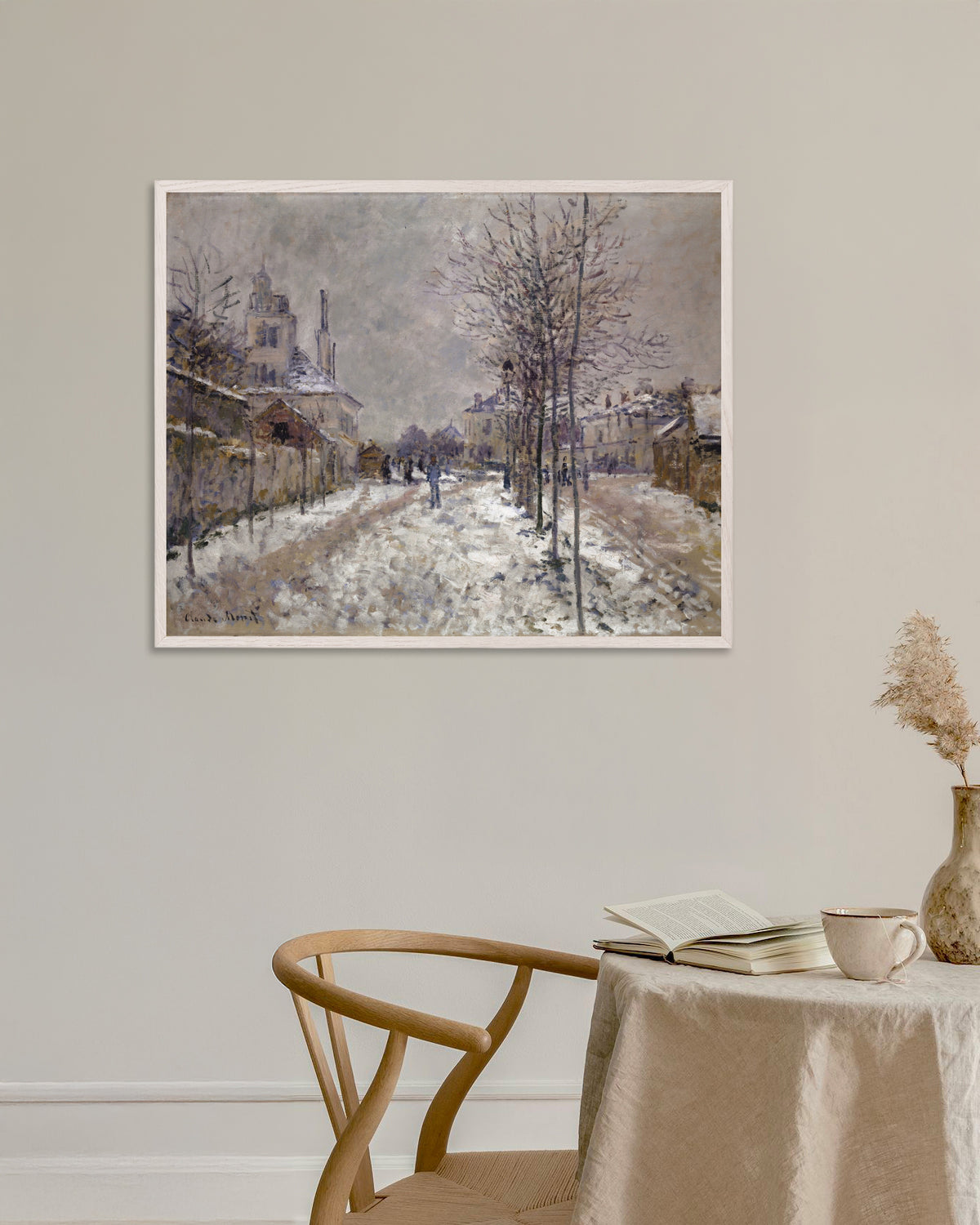 Poster O Boulevard de Pontoise em Argenteuil, Neve (1875), de Claude Monet, com moldura de madeira branca