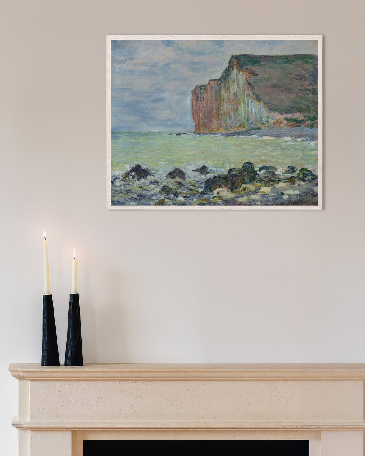 Poster A Falésia de Les Petites-Dalles (1881), de Claude Monet, com moldura de madeira branca