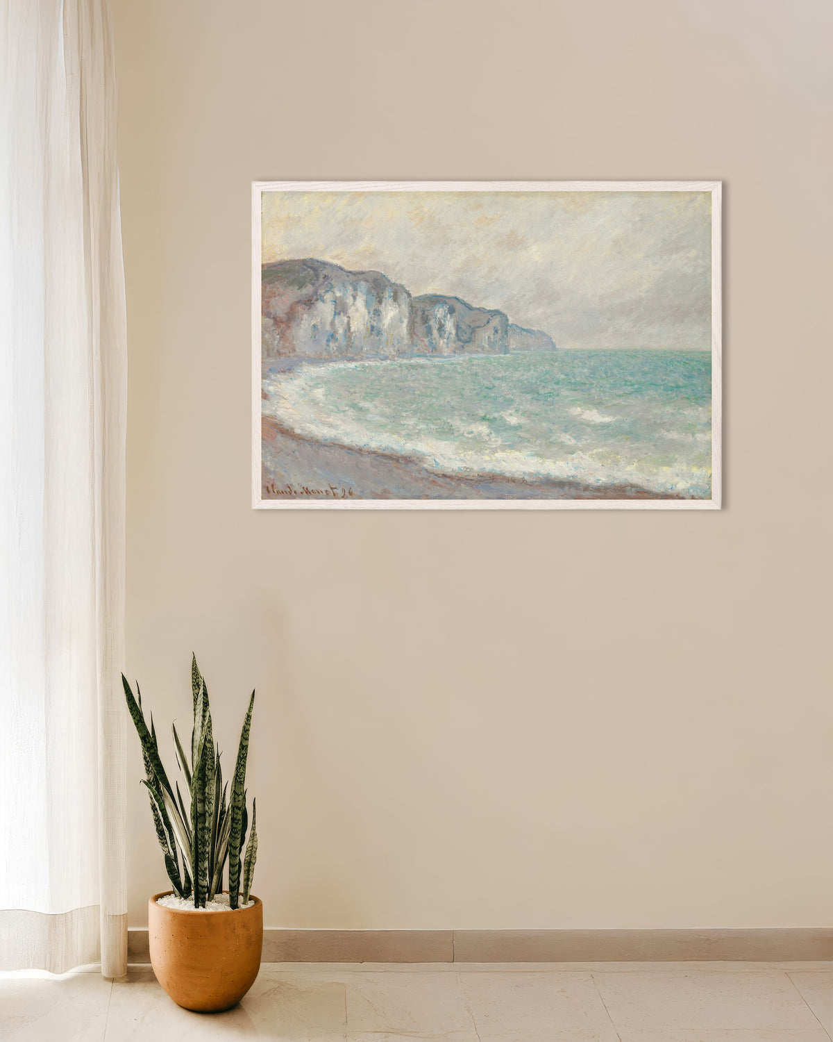 Poster A Falésia de Pourville (1896), de Claude Monet, com moldura de madeira branca