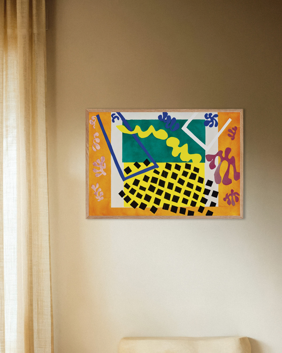 Poster de Os Codomas (Jazz, 1947), de Henri Matisse, com moldura de madeira natural