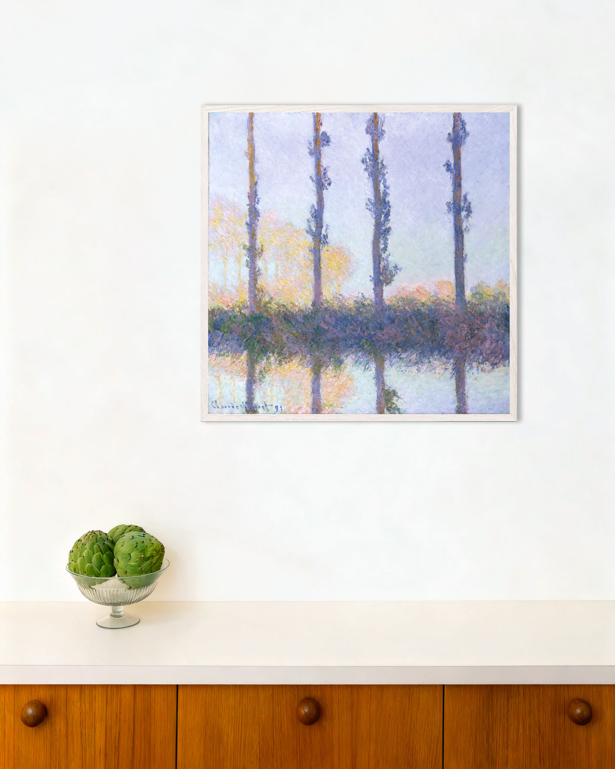 Poster As Quatro Árvores (1891), de Claude Monet, com moldura de madeira branca