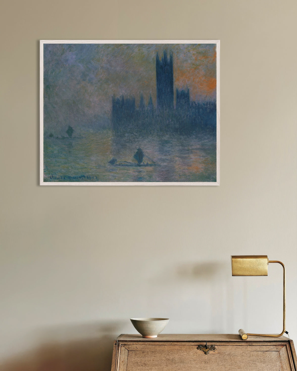 Poster O Parlamento, Efeito de Nevoeiro (1903–1904), de Claude Monet, com moldura de madeira branca