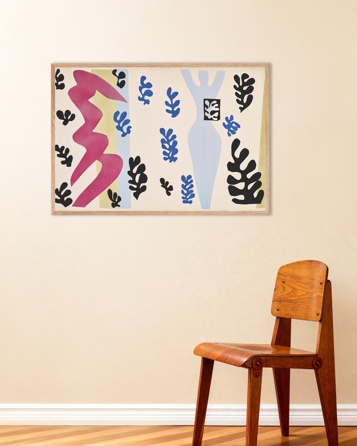 Poster de O Lançador de Facas (Jazz, 1947), de Henri Matisse, com moldura de madeira natural
