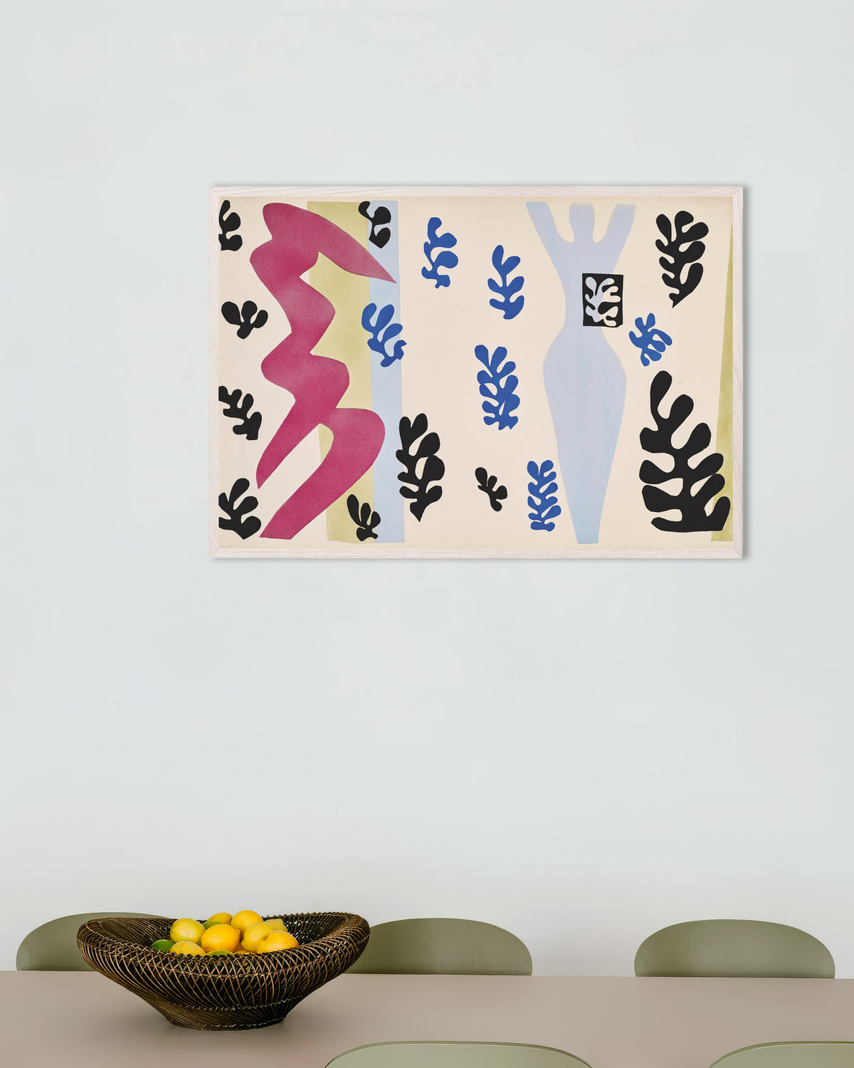 Poster de O Lançador de Facas (Jazz, 1947), de Henri Matisse, com moldura de madeira branca