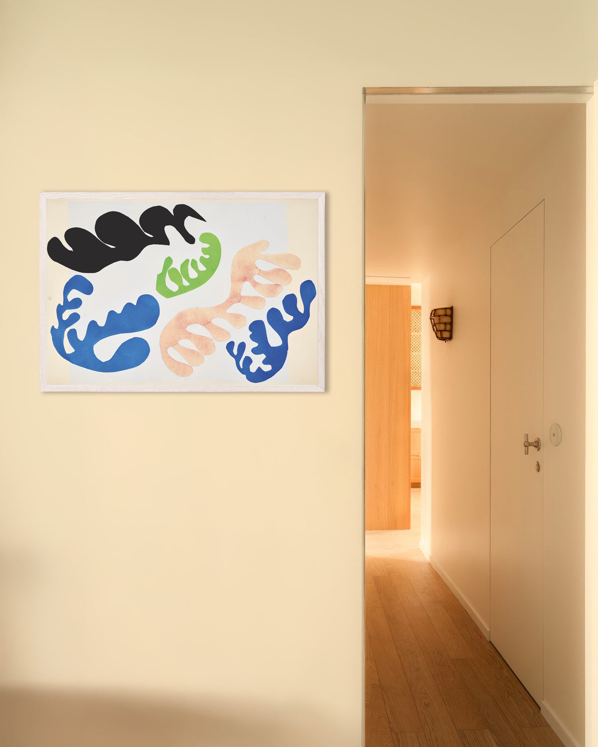 Poster de A Lagoa em Azul e Coral (Jazz, 1947), de Henri Matisse, com moldura de madeira branca