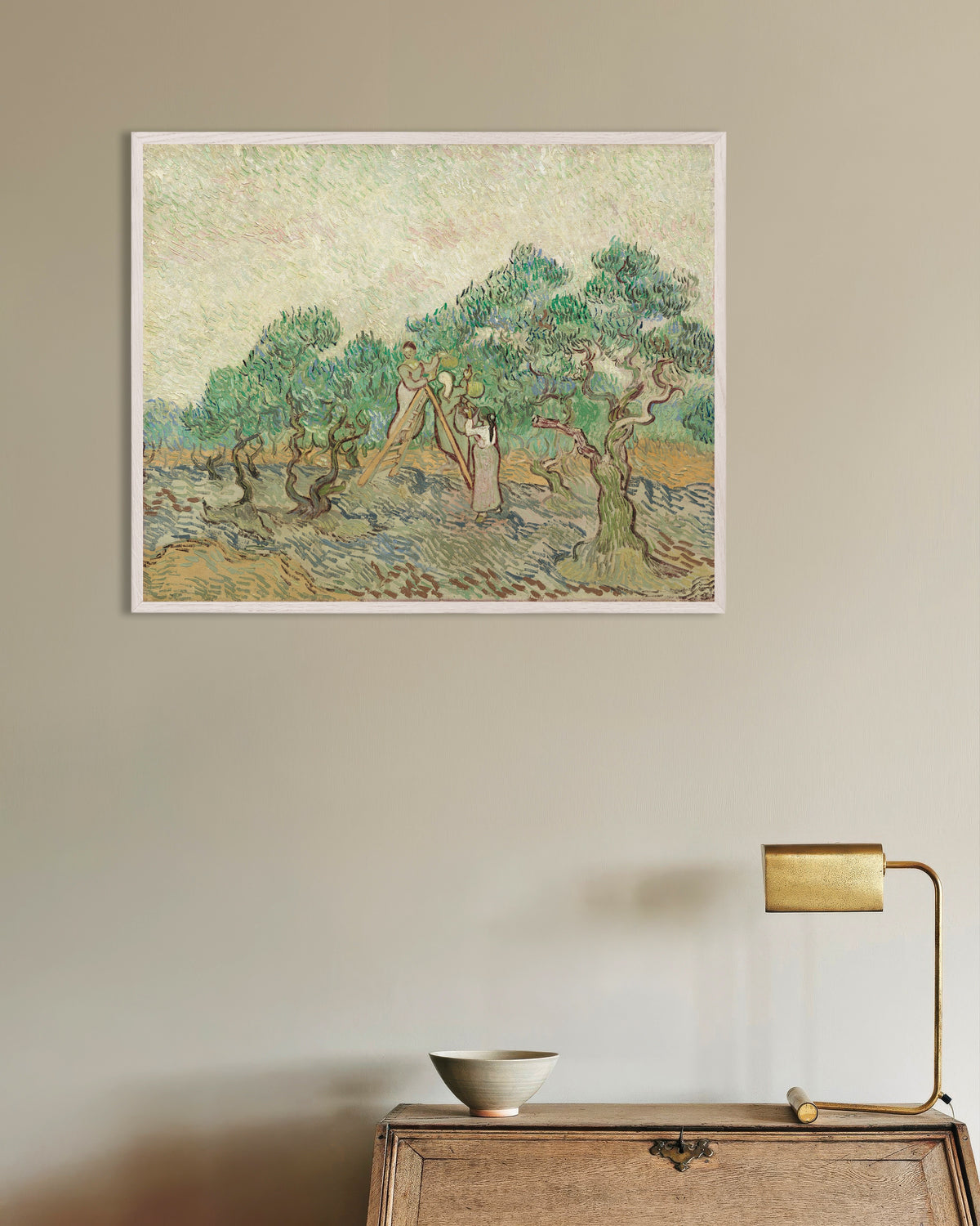 Poster de O Olival (1889), de Vincent van Gogh, com moldura de madeira branca
