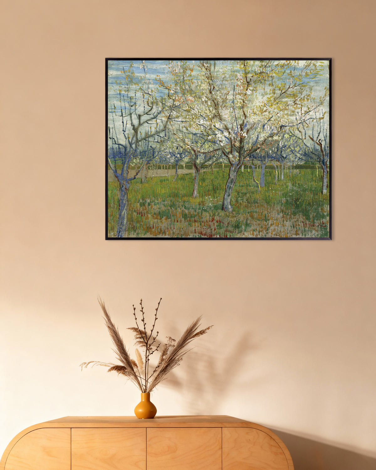Poster de O Pomar Cor-de-Rosa (1888), de Vincent van Gogh, com moldura metálica