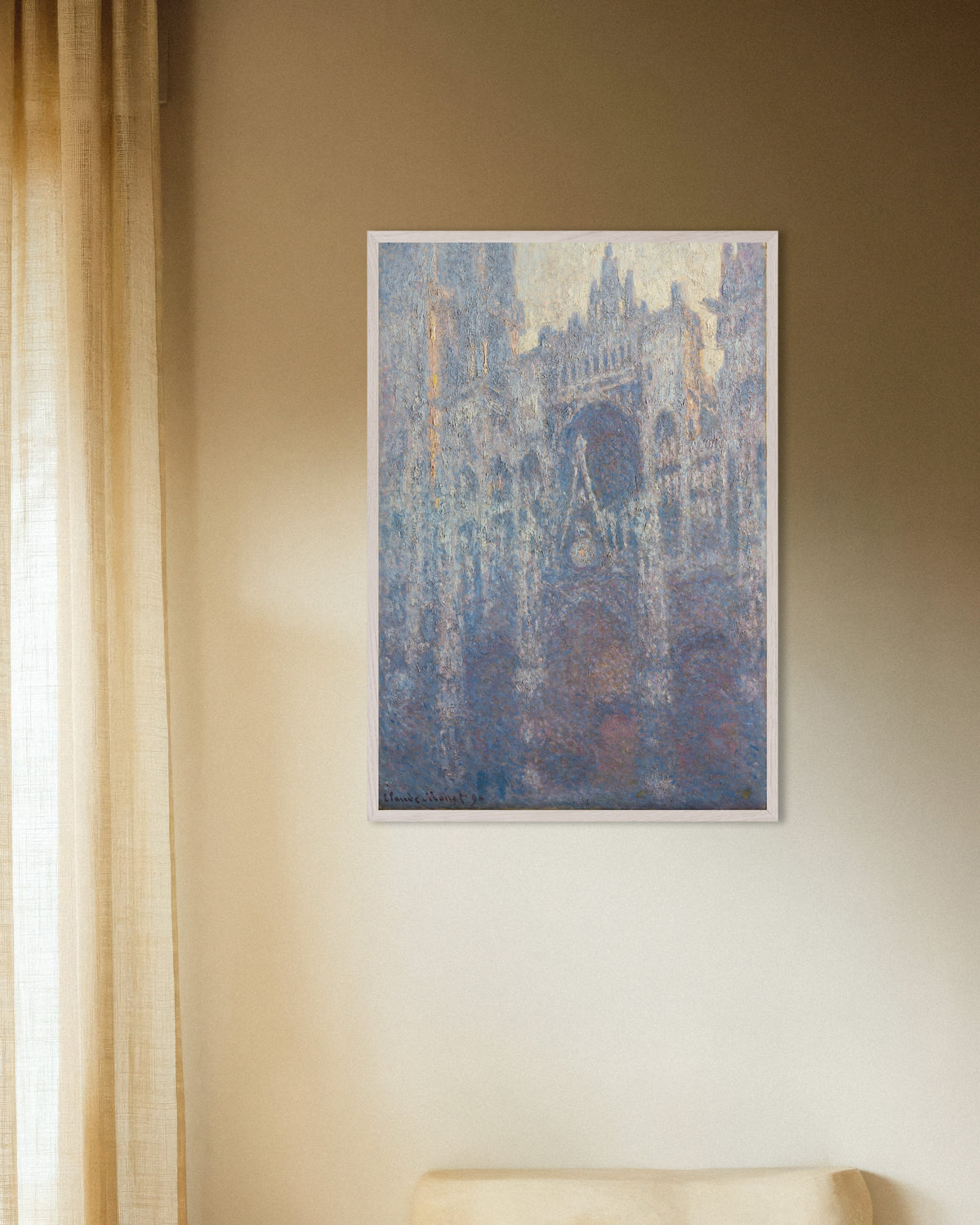 Poster O Portal da Catedral de Rouen à Luz da Manhã (1894), de Claude Monet, com moldura de madeira branca