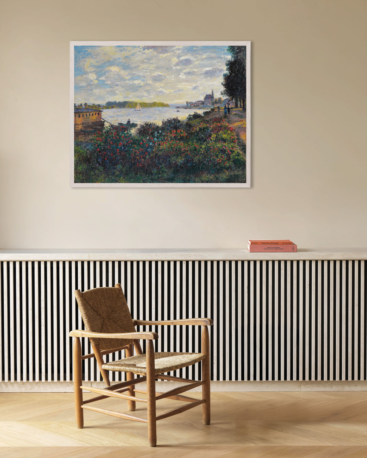Poster O Sena em Argenteuil (1877), de Claude Monet, com moldura de madeira branca