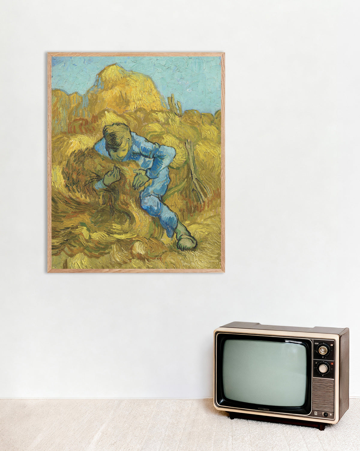 Poster de O Atador de Feixes, a partir de Millet (1889), de Vincent van Gogh, com moldura de madeira natural