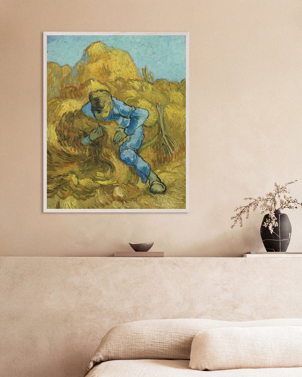 Poster de O Atador de Feixes, a partir de Millet (1889), de Vincent van Gogh, com moldura de madeira branca