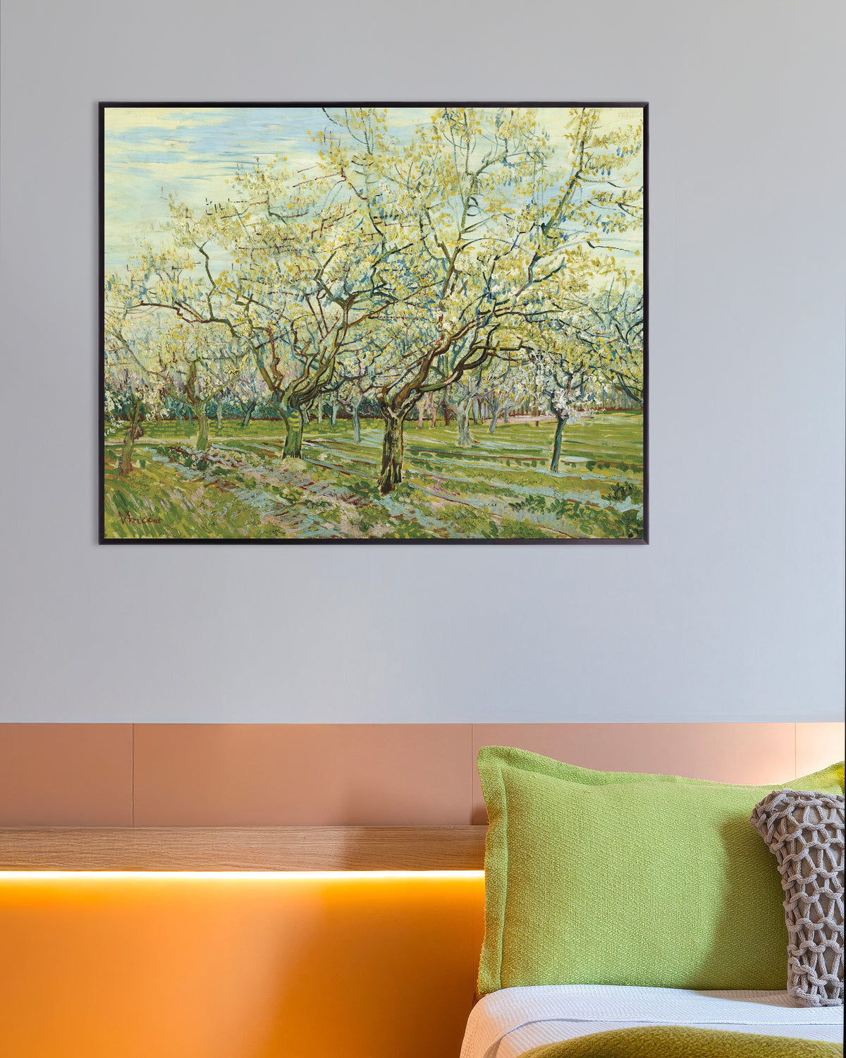 Poster de O Pomar Branco (1888), de Vincent van Gogh, com moldura de metal