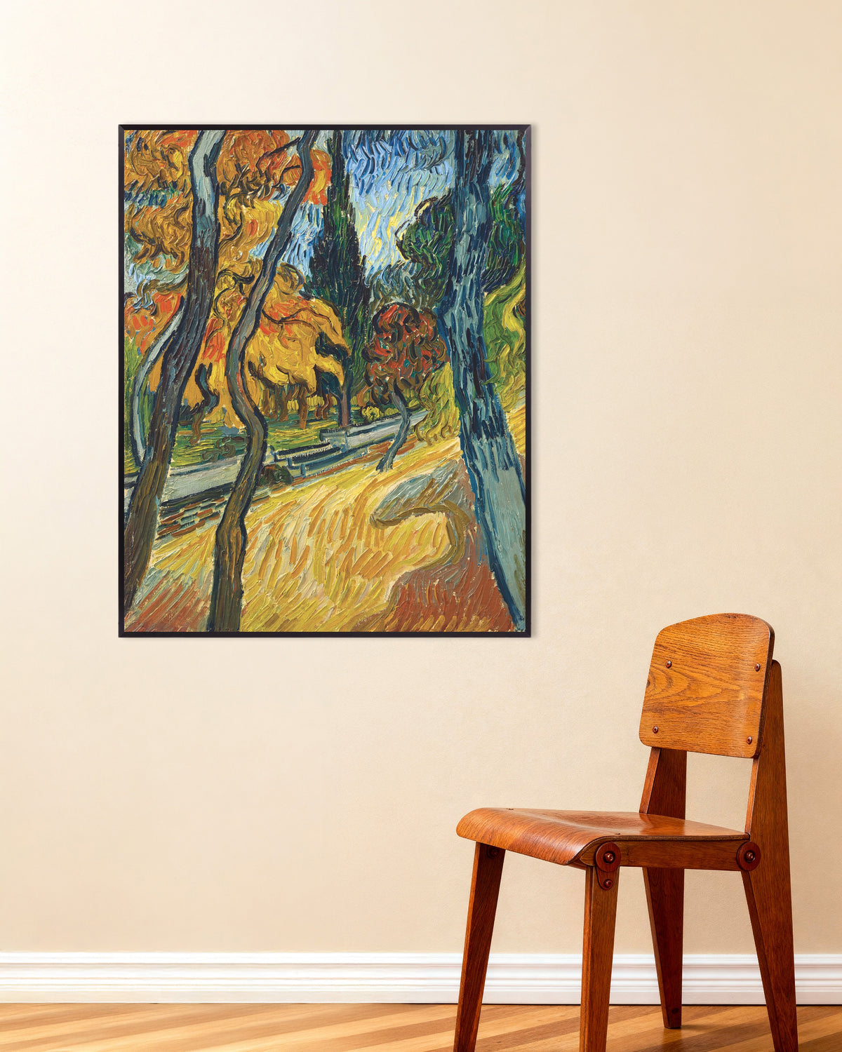 Poster de Árvores no Jardim do Asilo (1889), de Vincent van Gogh, com moldura metálica