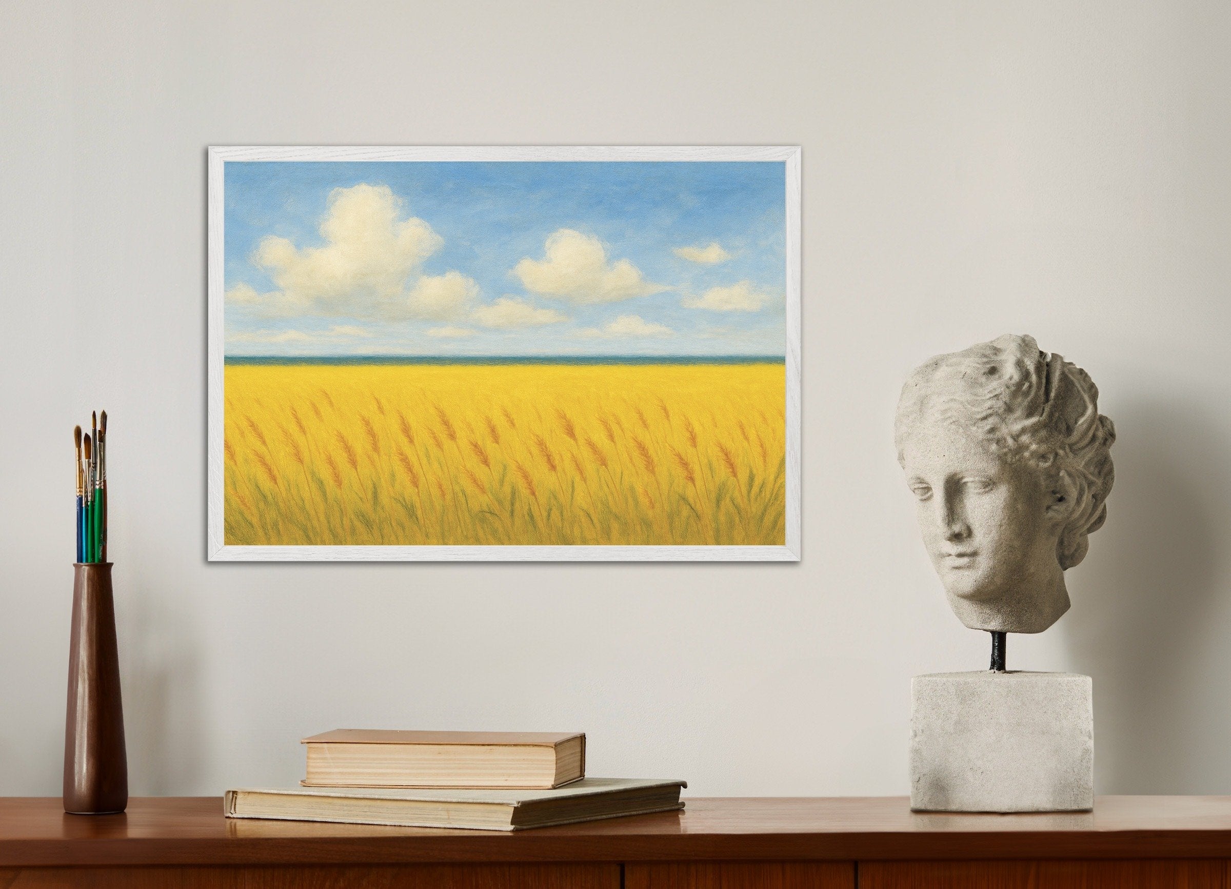 Poster of Ukraine poster -  Wheat field and blue sky, with white wooden frame