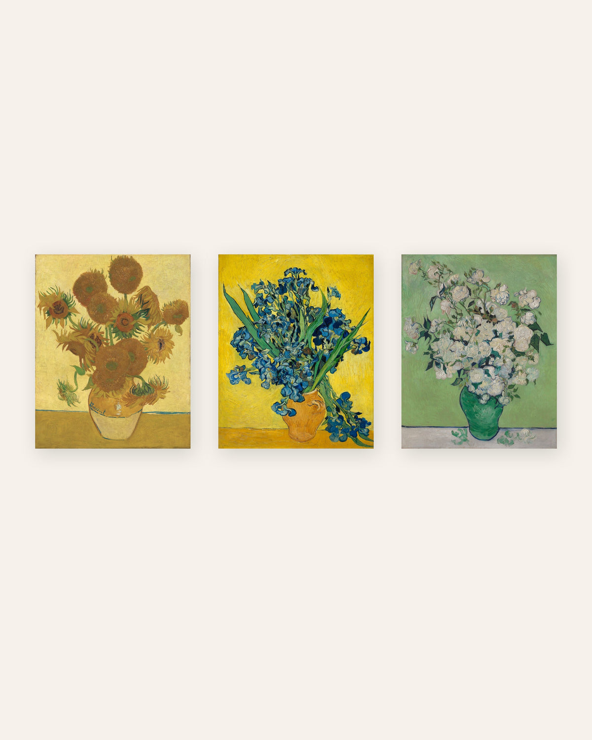 Posters de flores de Van Gogh, conjunto de 3: Girassóis, Íris e Rosas, sem moldura