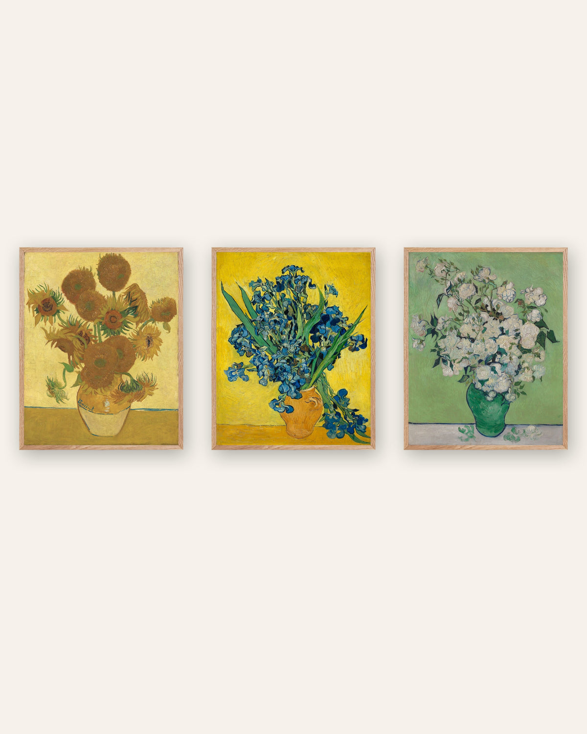 Posters de flores de Van Gogh, conjunto de 3: Girassóis, Íris e Rosas, com molduras de carvalho natural