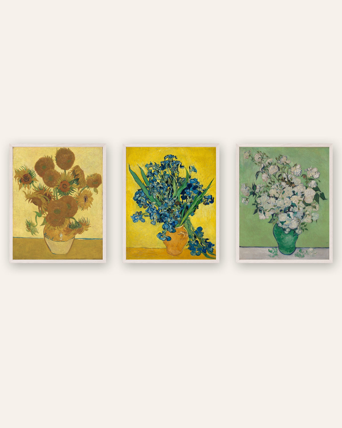 Posters de flores de Van Gogh, conjunto de 3: Girassóis, Íris e Rosas, com molduras de carvalho branco