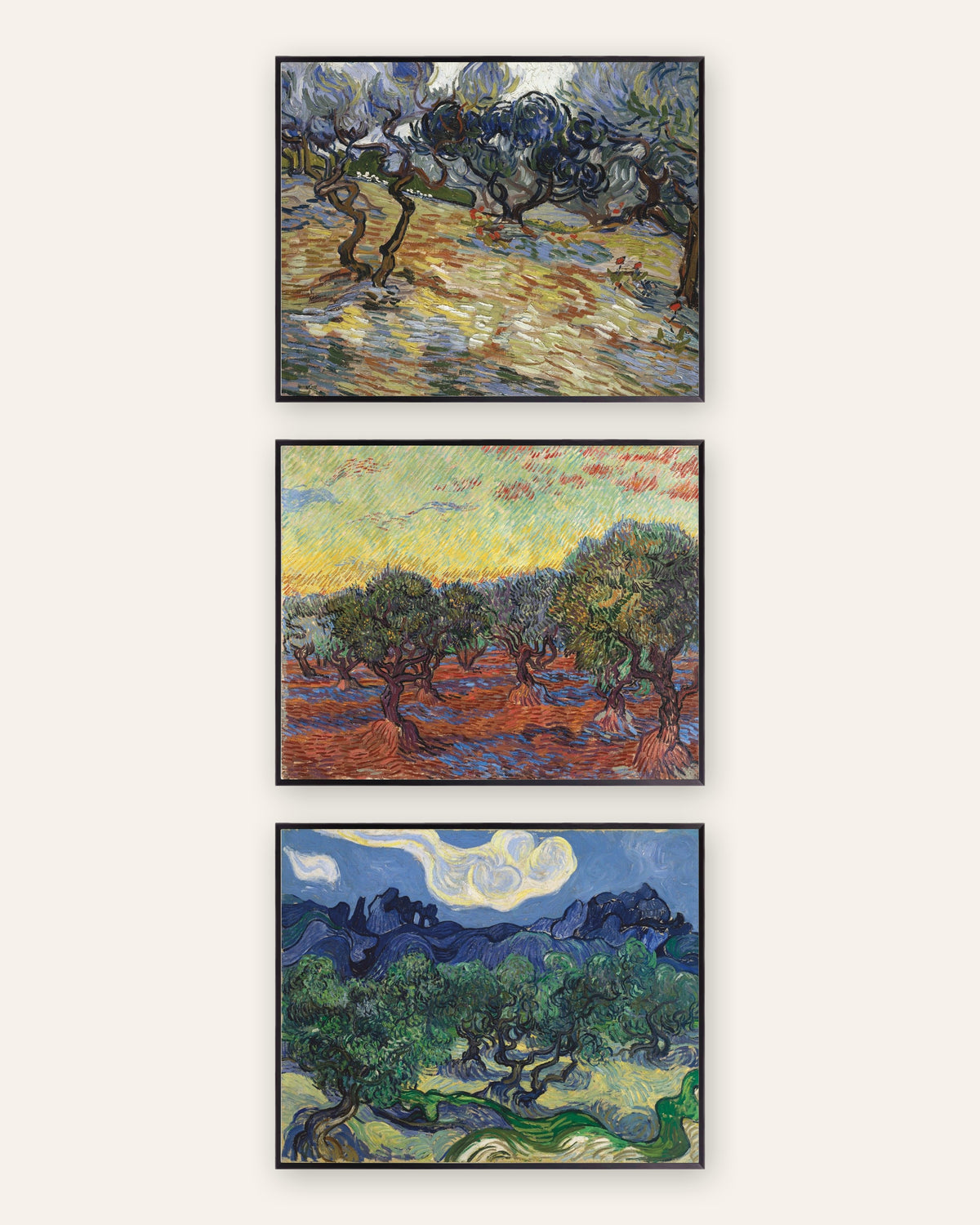 Posters de Van Gogh, oliveiras, conjunto de 3: os olivais de Saint-Rémy, com molduras de metal preto