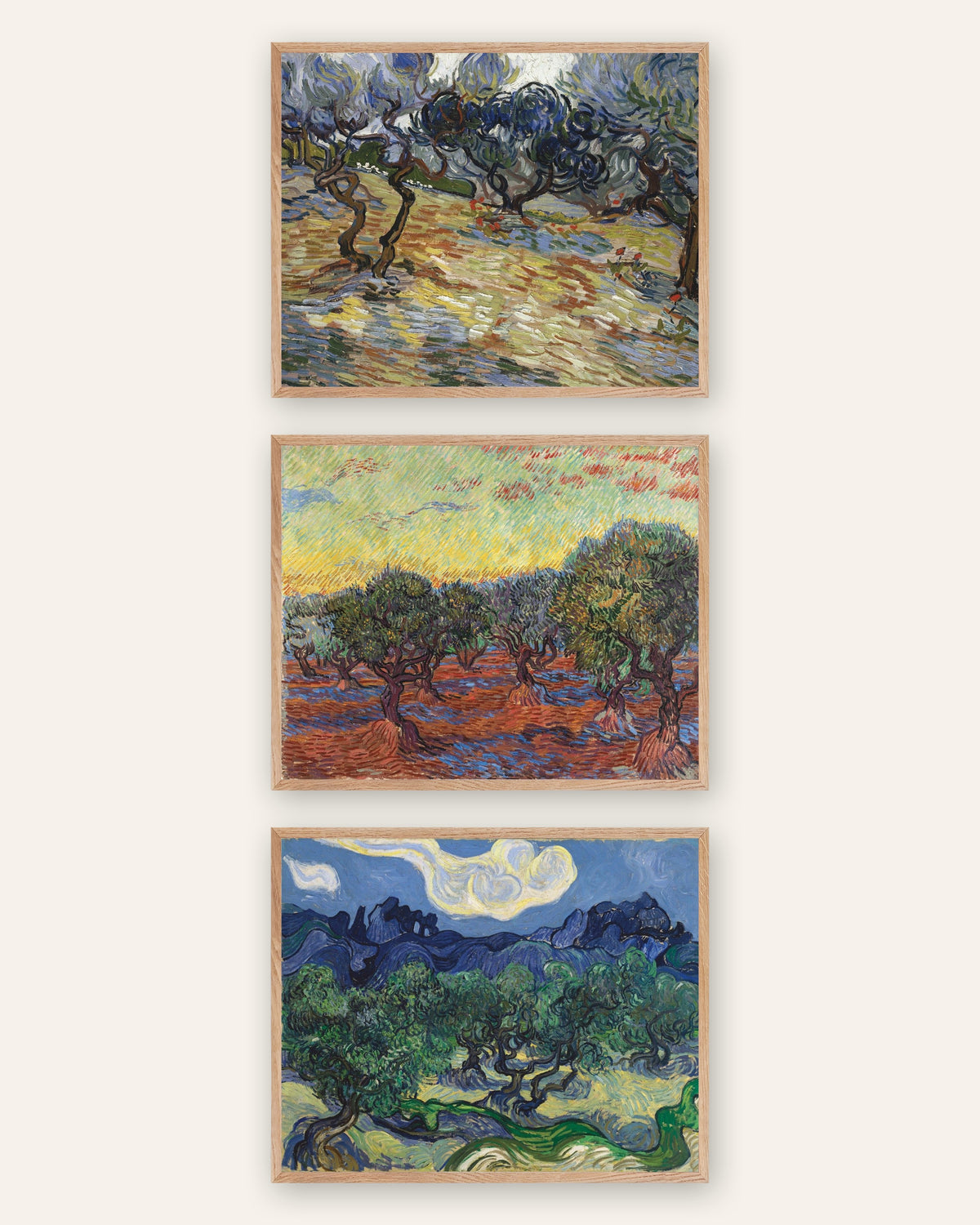 Posters de Van Gogh, oliveiras, conjunto de 3: os olivais de Saint-Rémy, com molduras de carvalho natural
