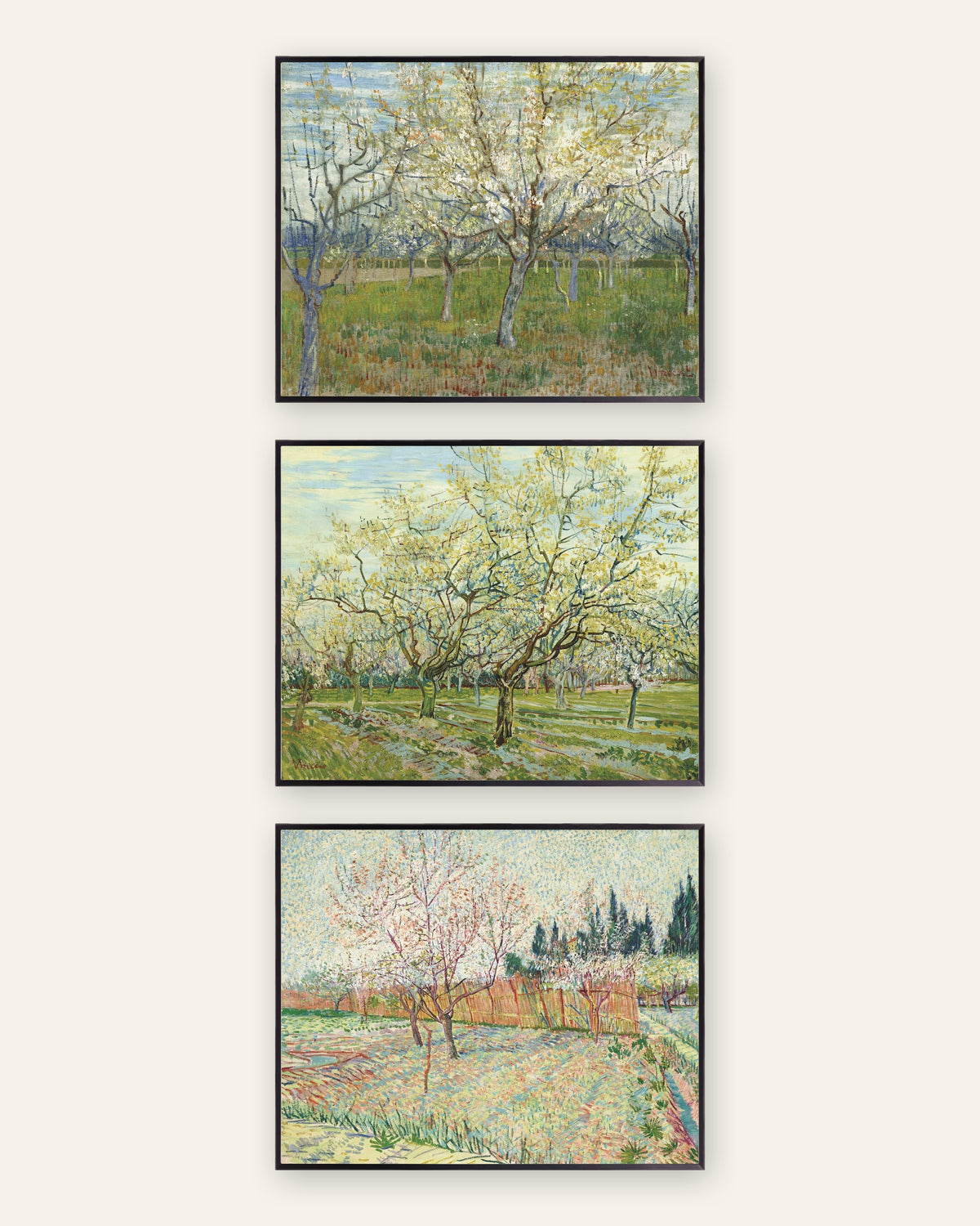 Posters de Van Gogh, pomares em flor, conjunto de 3: rosa, branco e com ciprestes, com molduras de metal preto
