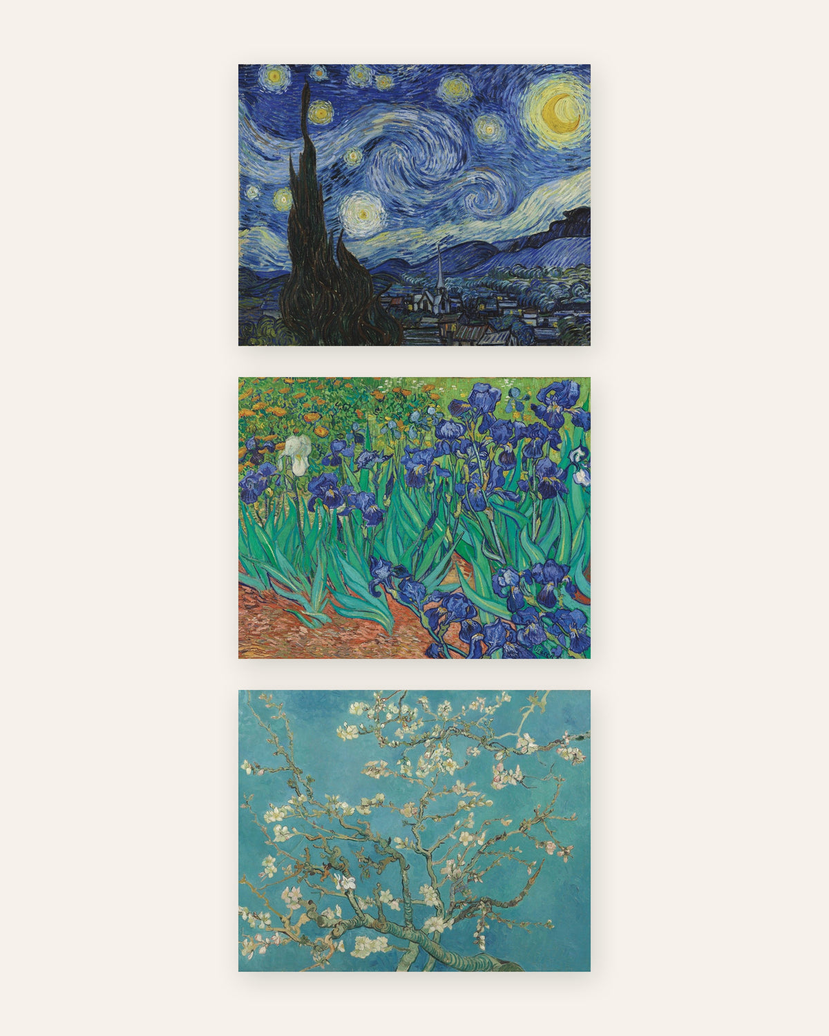 Posters de Van Gogh, conjunto de 3: A Noite Estrelada, Íris e Amendoeira em flor, sem moldura