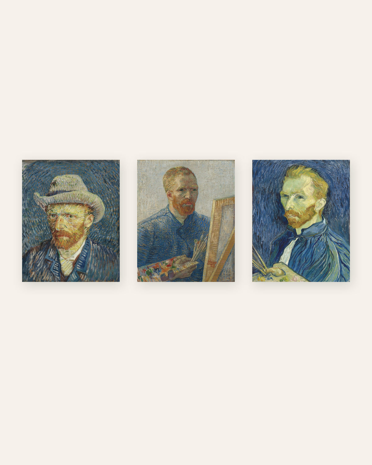 Posters de autorretratos de Van Gogh, conjunto de 3: de Paris a Saint-Rémy, sem moldura