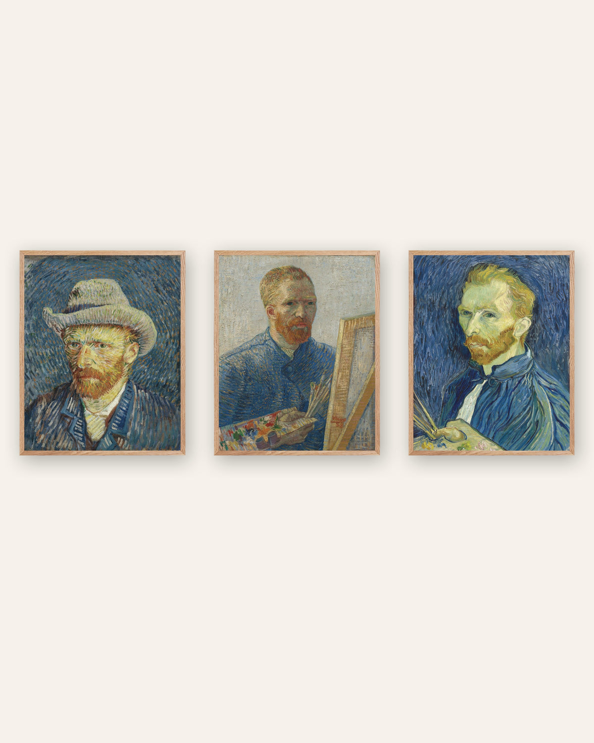 Posters de autorretratos de Van Gogh, conjunto de 3: de Paris a Saint-Rémy, com molduras de carvalho natural