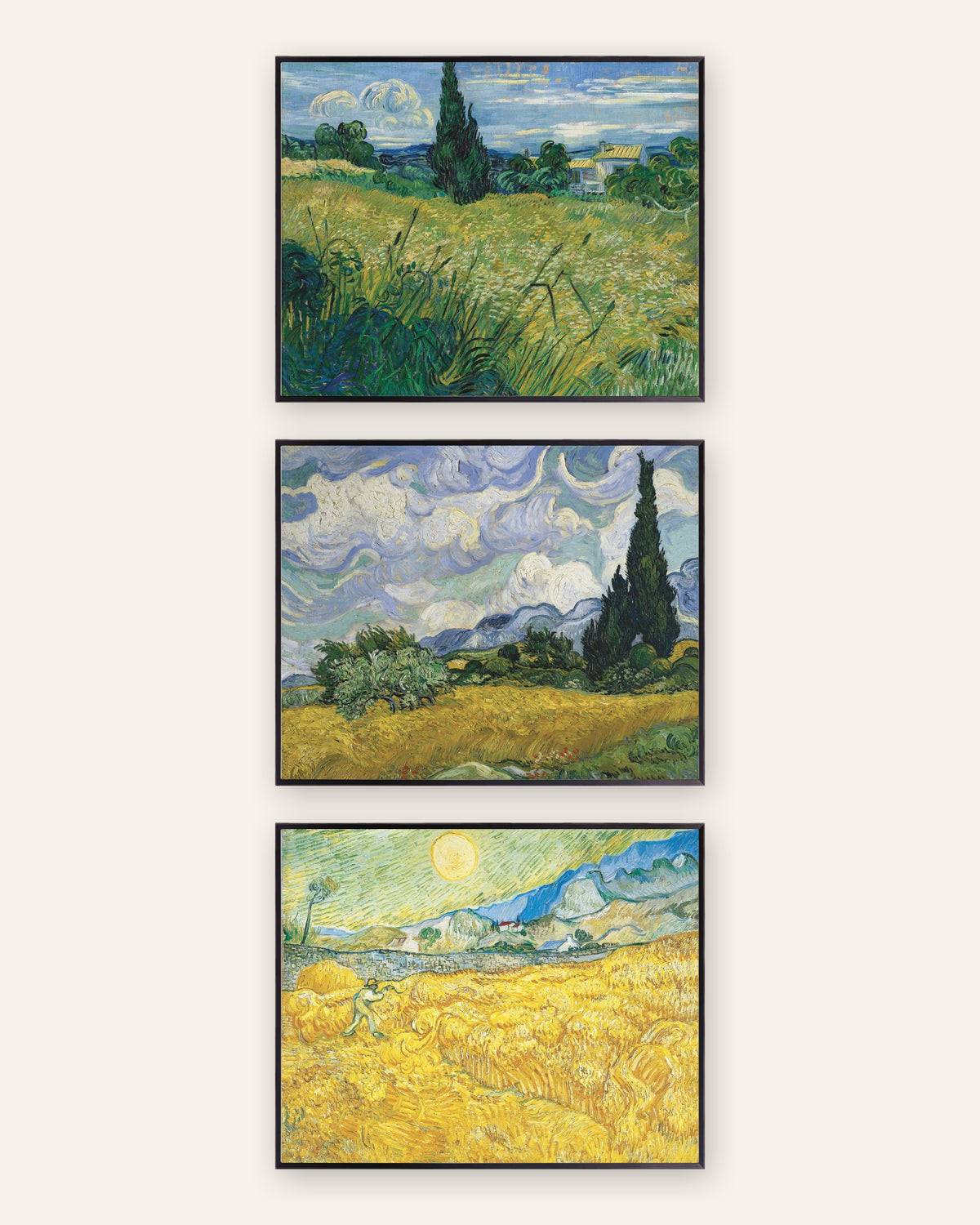 Posters de Van Gogh, campos de trigo, conjunto de 3: ciprestes e colheita, com molduras de metal preto