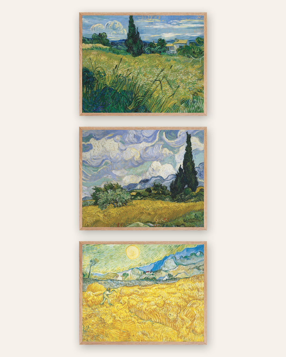 Posters de Van Gogh, campos de trigo, conjunto de 3: ciprestes e colheita, com molduras de carvalho natural