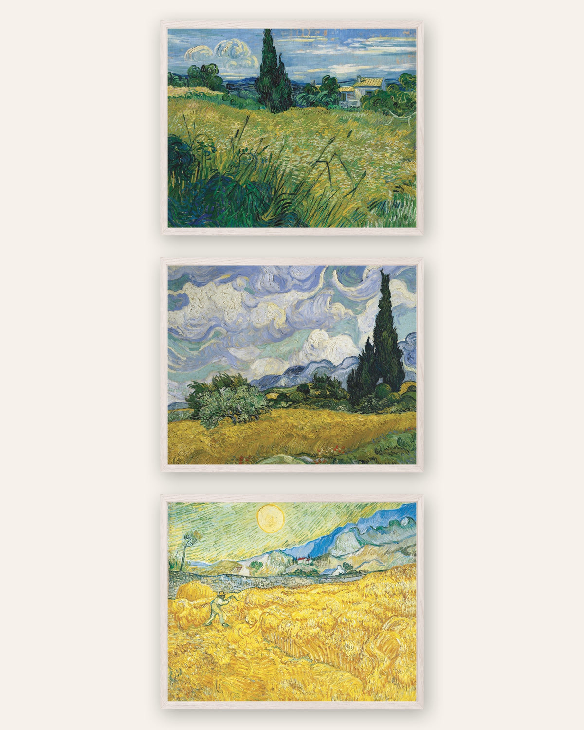 Posters de Van Gogh, campos de trigo, conjunto de 3: ciprestes e colheita, com molduras de carvalho branco